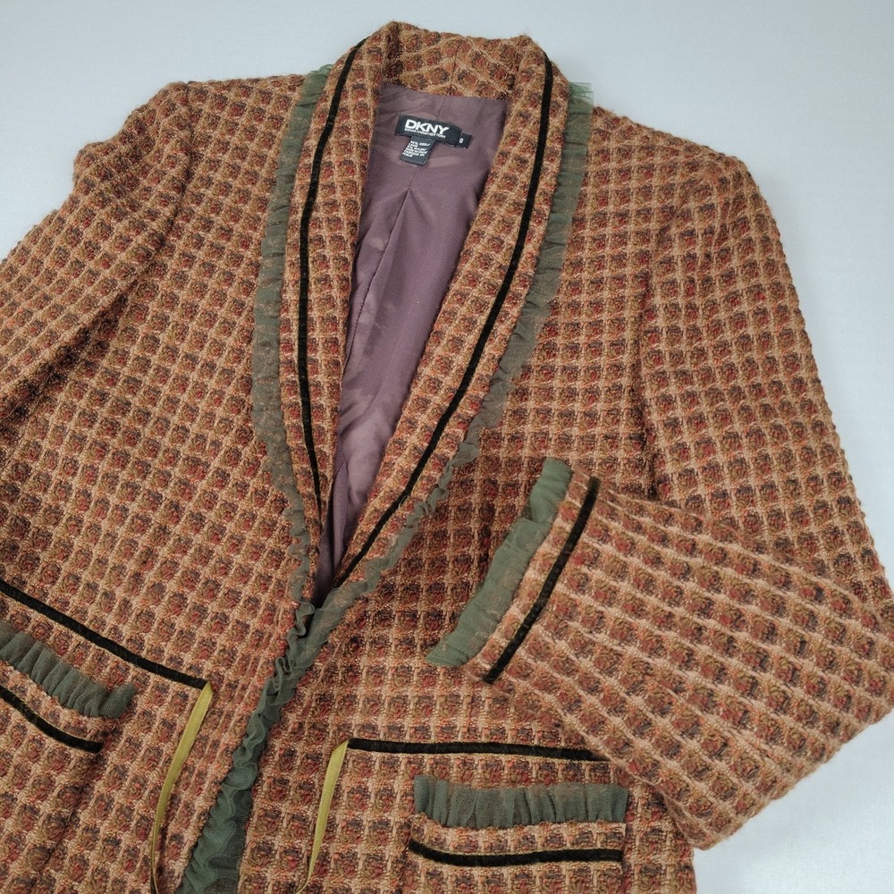 DKNY Womens 8 Wool Blazer Jacket Tweed Brown Green Ruffle Cottagecore Italy